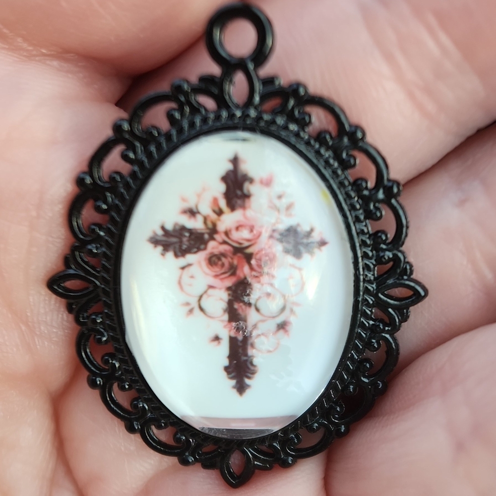 Black Filigree Cross Pendant Necklace with Pink Rose Accent